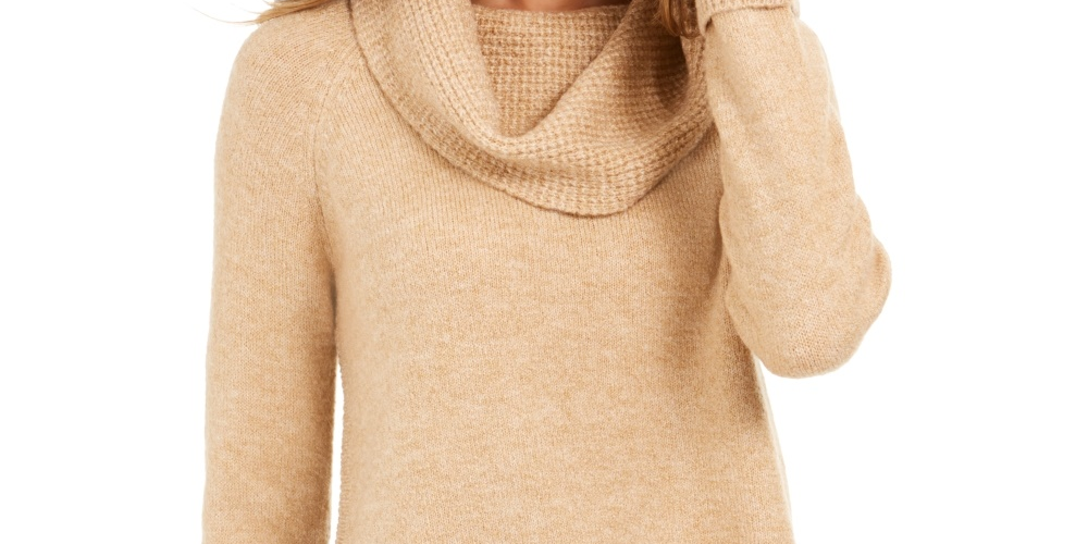 Style & Co Women's Cowl Neck Waffle Knit Sweater  Beige Size XX-Large