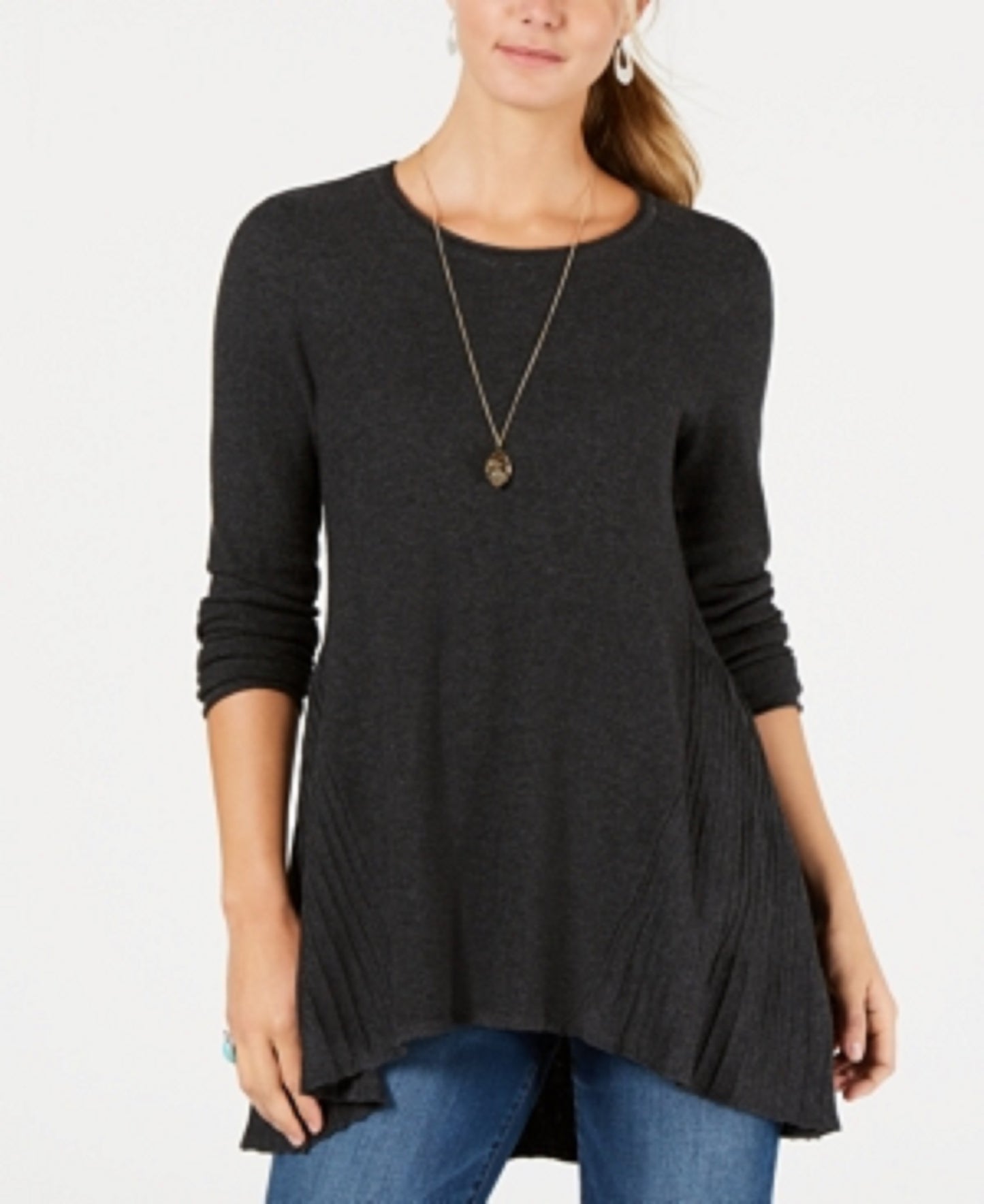 Style & Co Women's Petite Pleated High-Low Sweater Dark Gray Size Medium