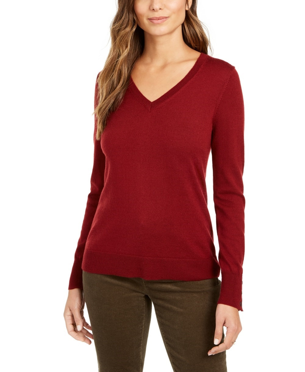 Charter Club Women's Merino Wool Button-Cuff V-Neck Sweater Wine Size Small