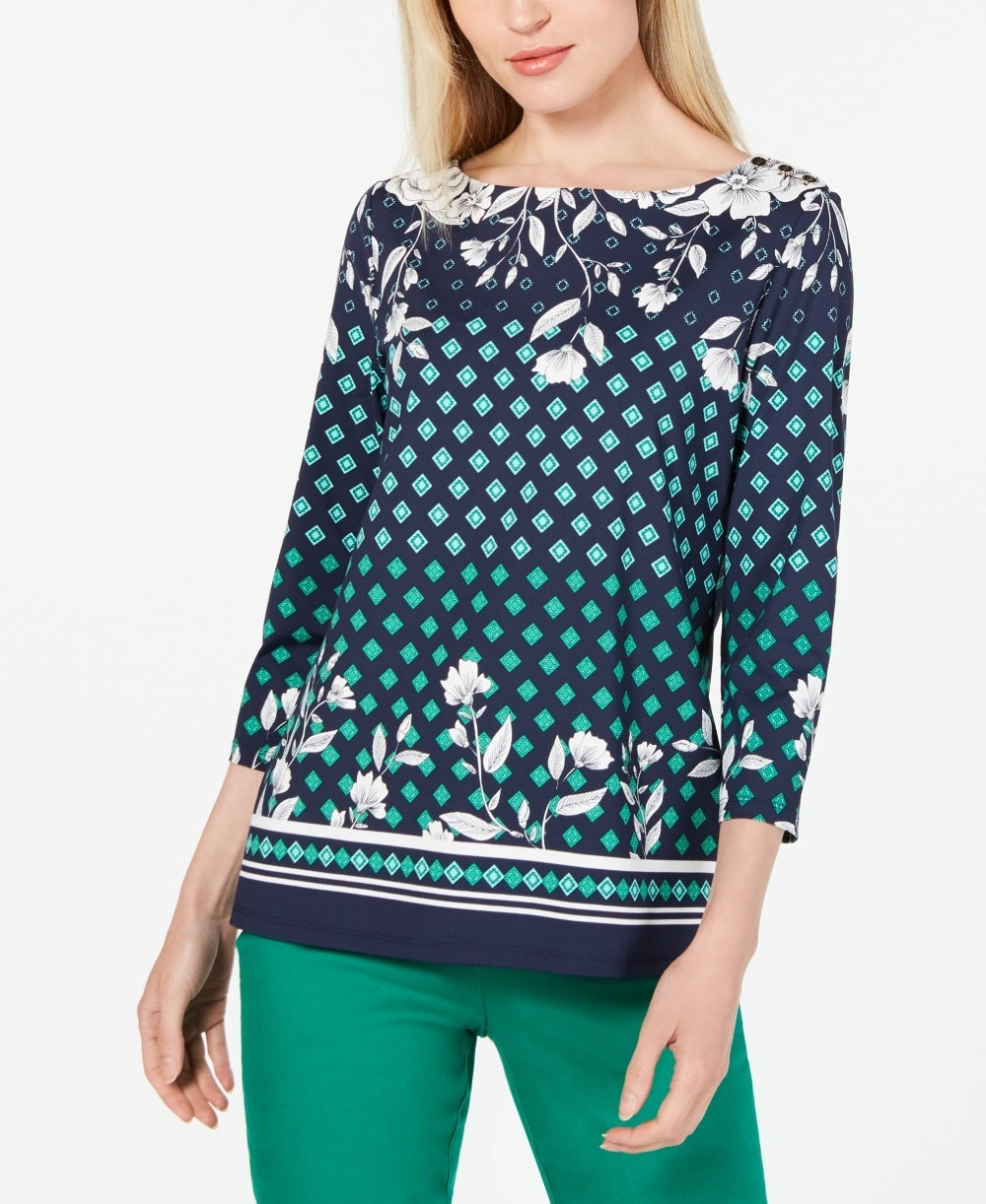 Charter Club Women's Printed Boat Neck Top Blue Size X-Large