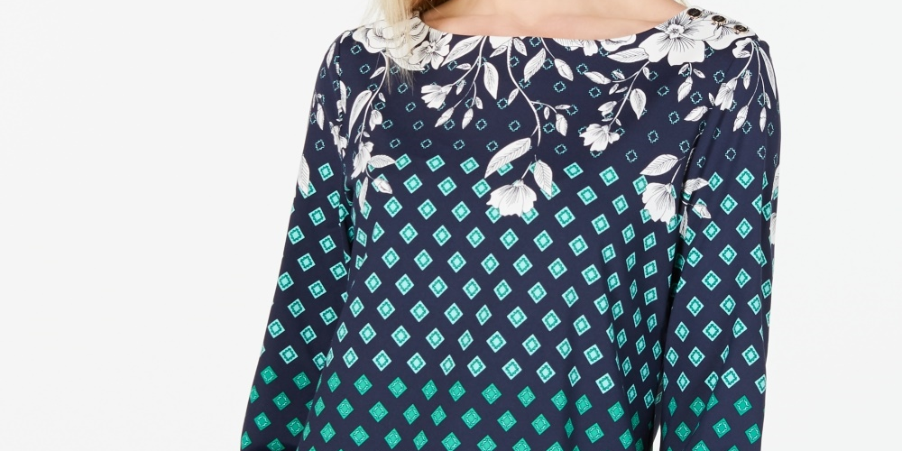 Charter Club Women's Printed Boat Neck Top Blue Size X-Large