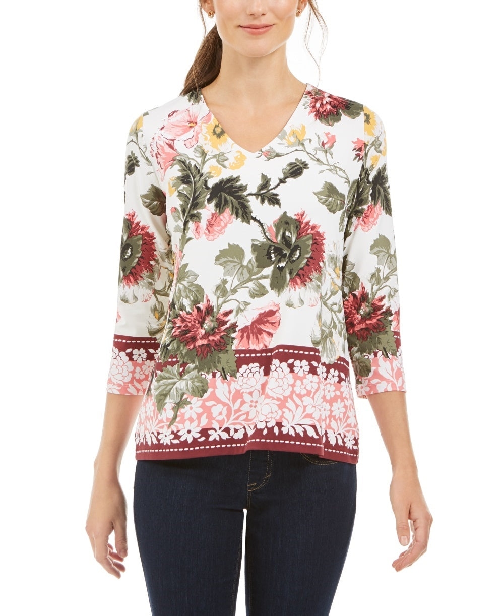 Charter Club Women's Garden Printed V Neck Top  White Size Small
