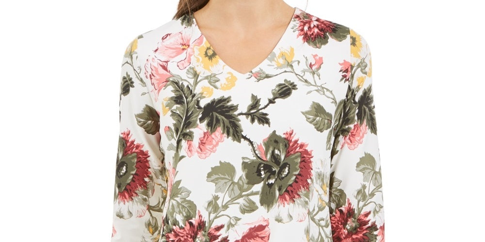 Charter Club Women's Garden Printed V Neck Top  White Size Small