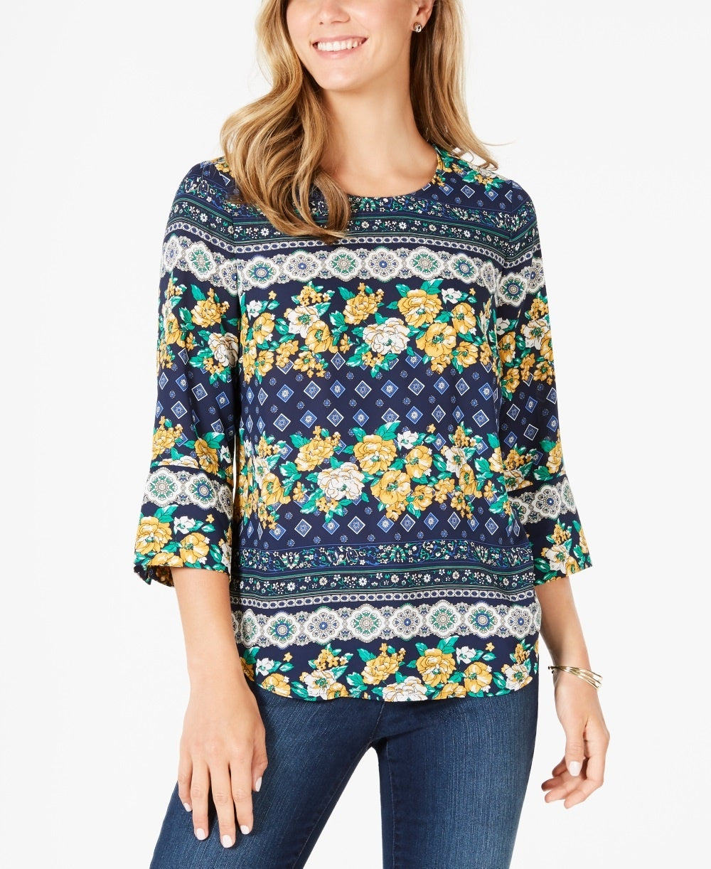 Charter Club Women's 3/4 Sleeve Printed Top Blue Size Medium