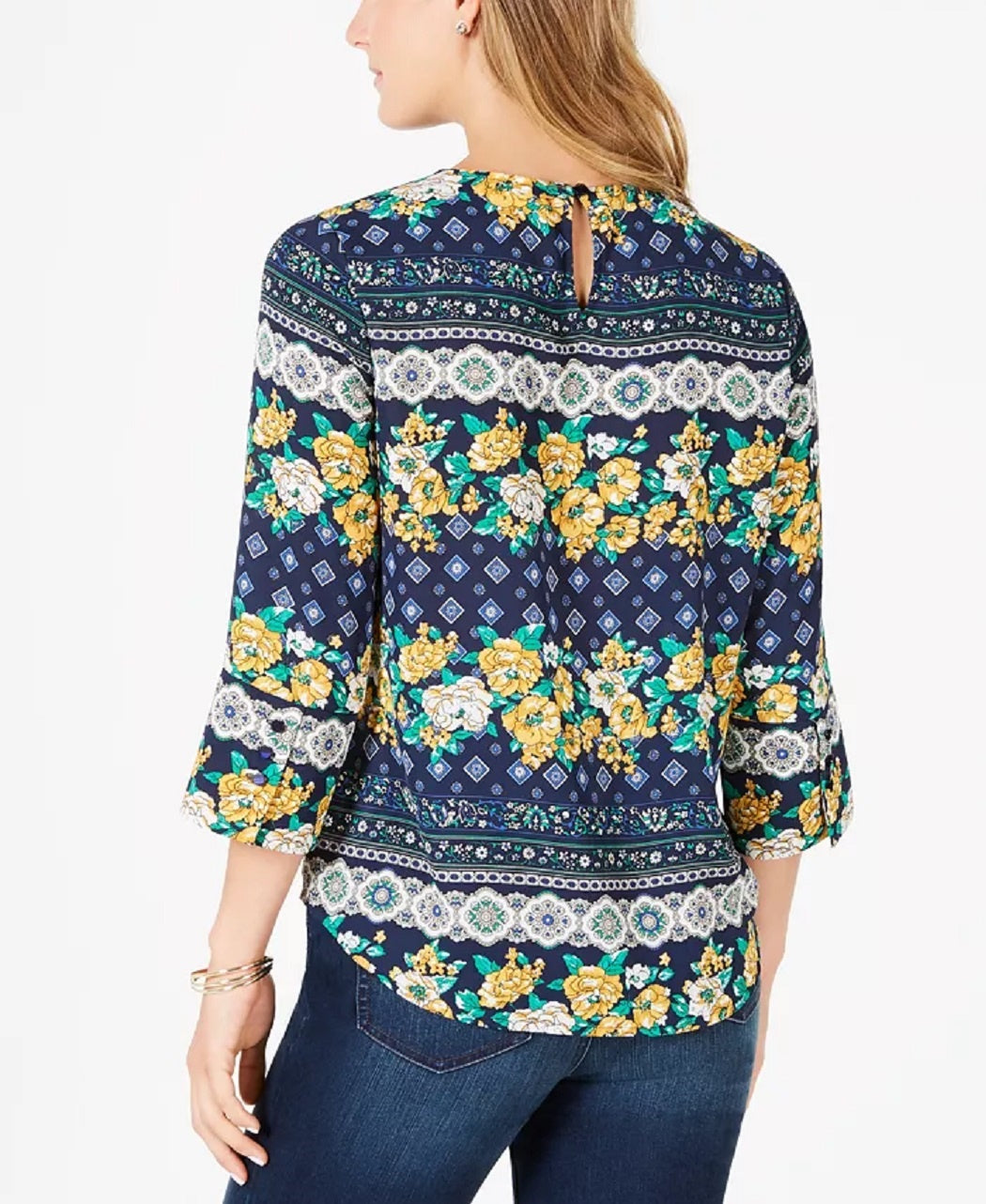 Charter Club Women's 3/4 Sleeve Printed Top Blue Size Medium