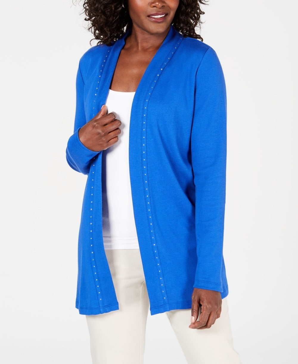 Karen Scott Women's Petite Cotton Studded Cardigan Blue Size Petite Small