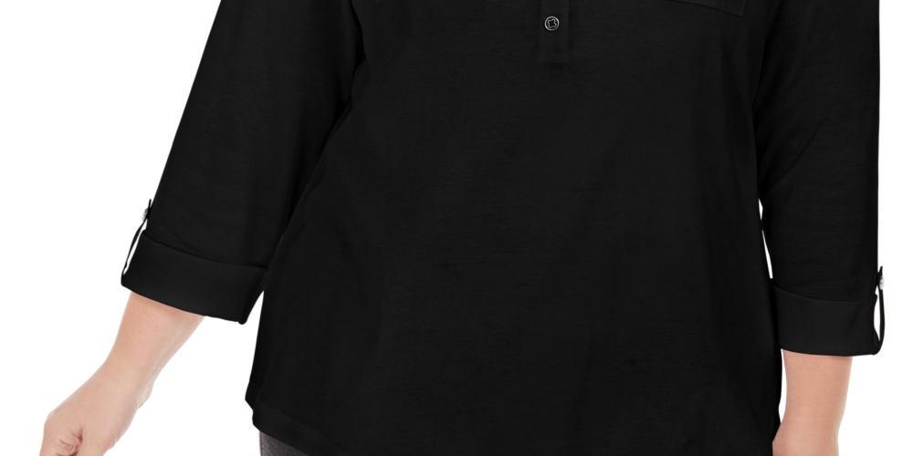Karen Scott Women's Petite Largeus Size Cotton 3/4-Sleeve Polo Top Black Size 0X