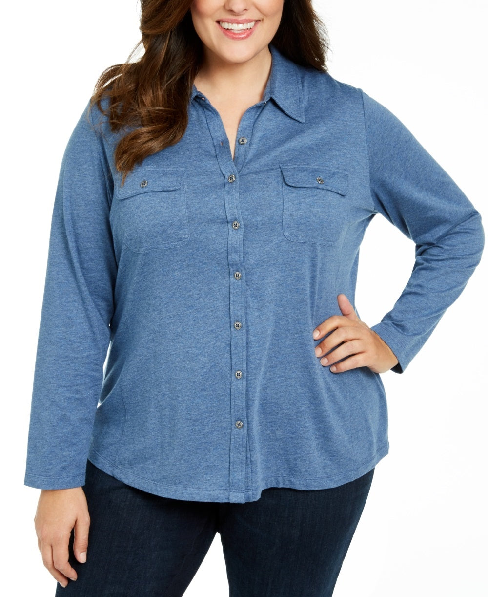 Karen Scott Women's Button Front Collared Top Blue Size 1X