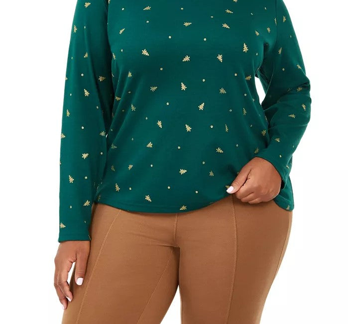 Karen Scott Women's Plus Size Tree Printed Mock-Neck Top Bright Green Size 0X