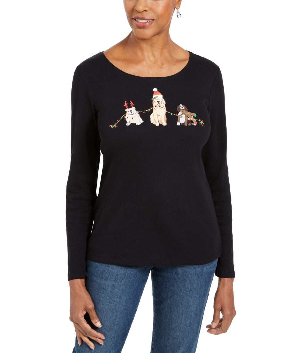 Karen Scott Women's Embroidered Holiday Dog Shirt  Black Size XX-Large