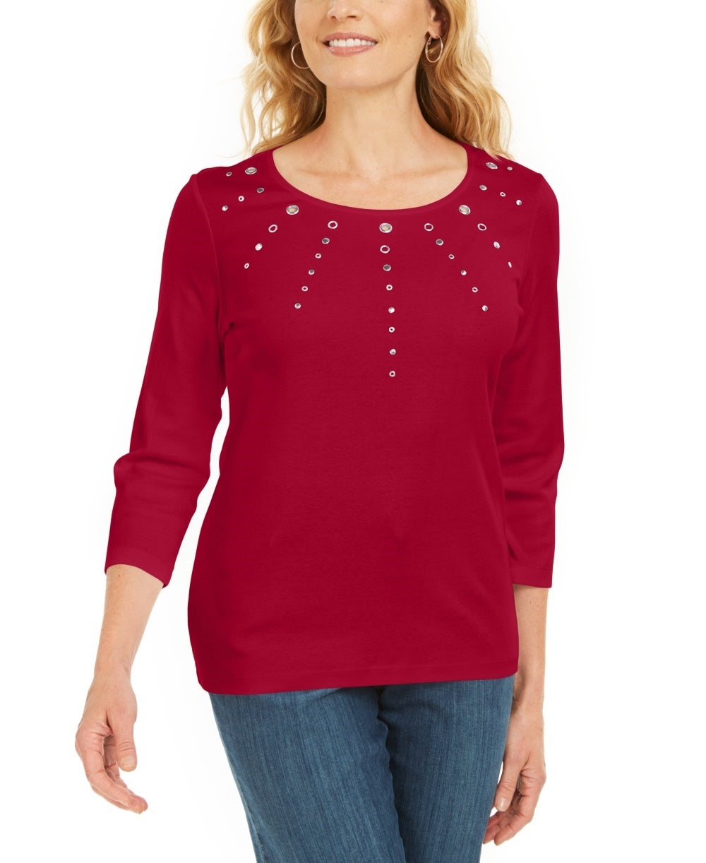 Karen Scott Women's Cotton Grommet Hardware Top Red Size Petite Small