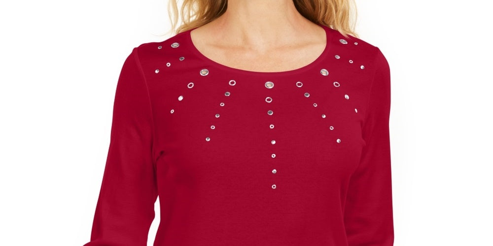 Karen Scott Women's Cotton Grommet Hardware Top Red Size Petite Small