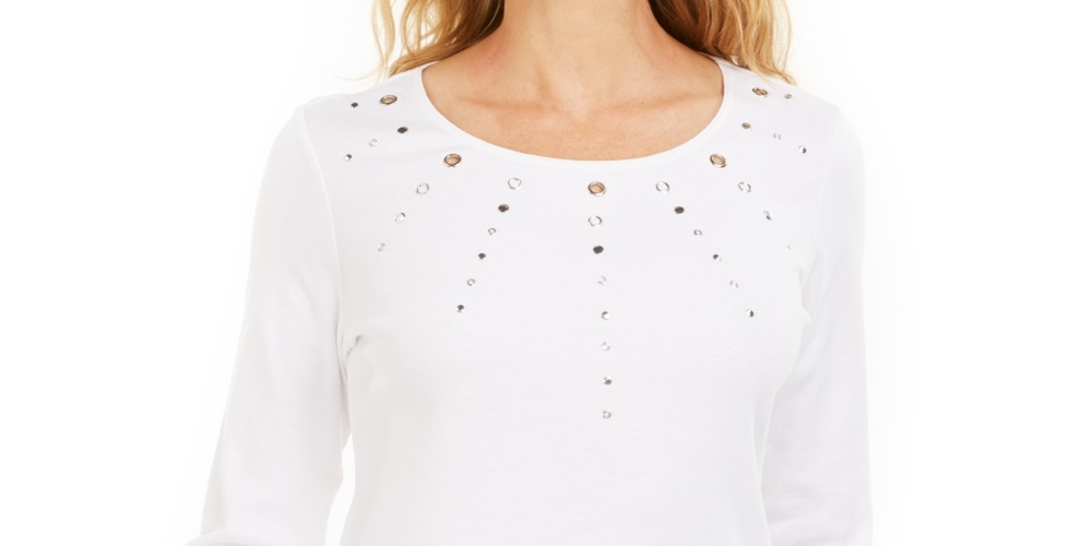 Karen Scott Women's Cotton Grommet Hardware Top  White Size Petite Small