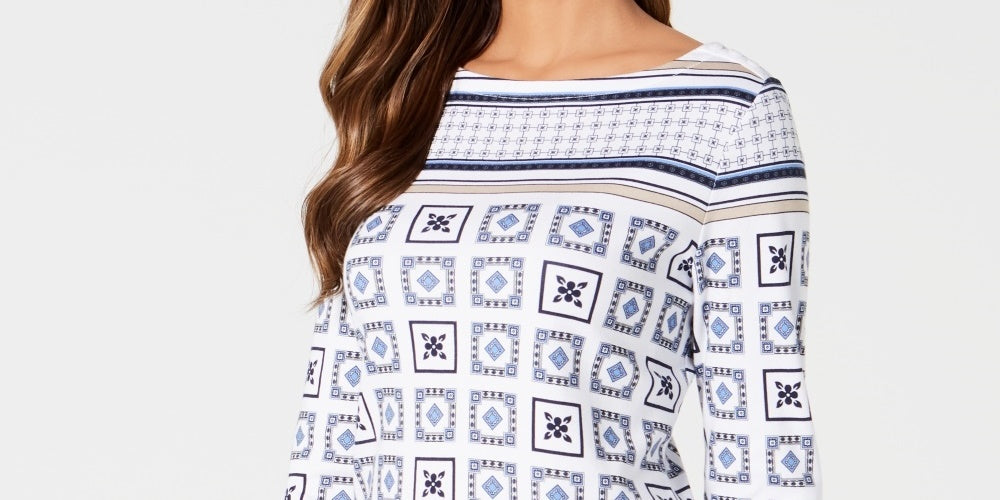 Charter Club Women's New Orleans Boat Cotton Printed Top White Size Small