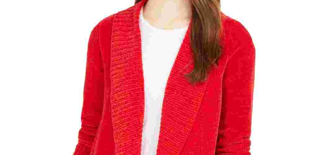 Style & Co Women's Chenille Shawl Collar Cardigan Red Size Petite Large