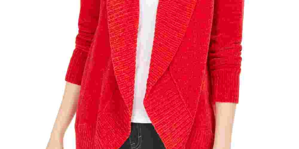 Style & Co Women's Chenille Shawl Collar Cardigan Red Size Petite Large