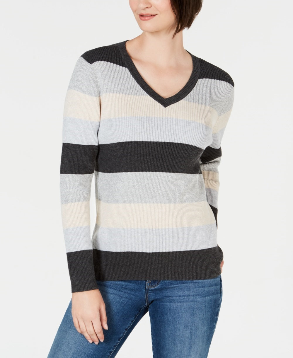 Karen Scott Women's Colorblocked V-Neck Cotton Sweater Brown Size Small