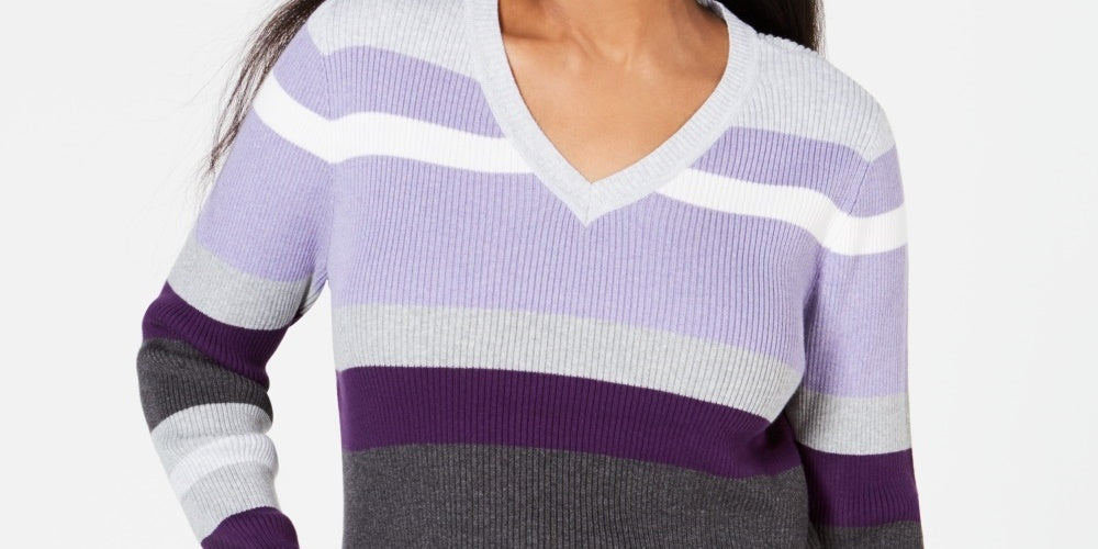 Karen Scott Women's Ribbed V Neck Cotton Sweater Purple Size XX-Large