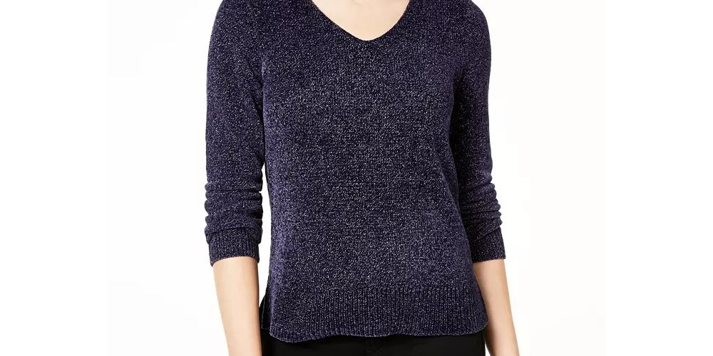 Maison Jules Women's Metallic V-Neck Sweater Navy Size XX-Large