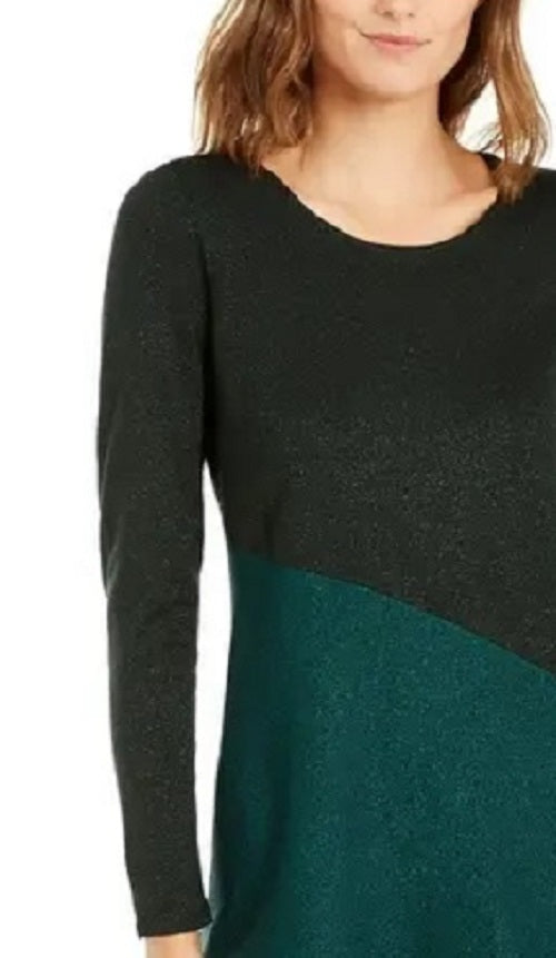 Alfani Women's Asymmetrical Colorblocked Shimmer Top Green Size Medium
