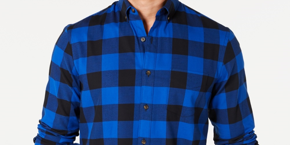 Club Room Men's Stretch Brushed Cotton Plaid Flannel Shirt Navy Size Small