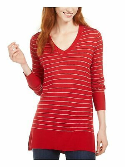 Maison Jules Women's Skinny-Striped Pullover Sweater Bright Red Size Large