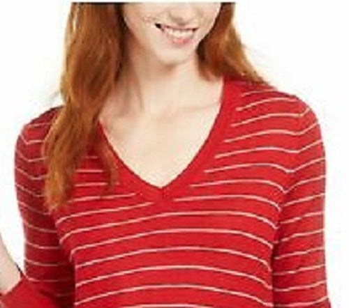 Maison Jules Women's Skinny-Striped Pullover Sweater Bright Red Size Large