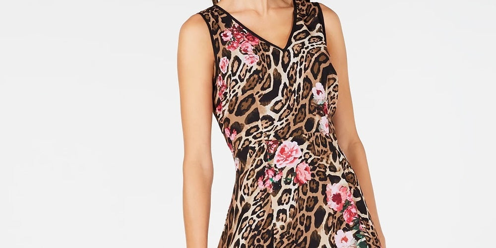 INC International Concepts Women's Beige Printed Sleeveless V Neck Midi Trapeze Dress Gold Size 4