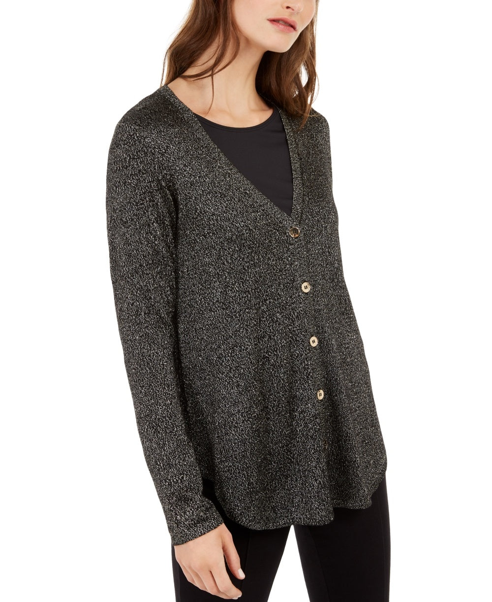 Alfani Women's Metallic Shirttail Cardigan Sweater Black Size Petite Small-Medium