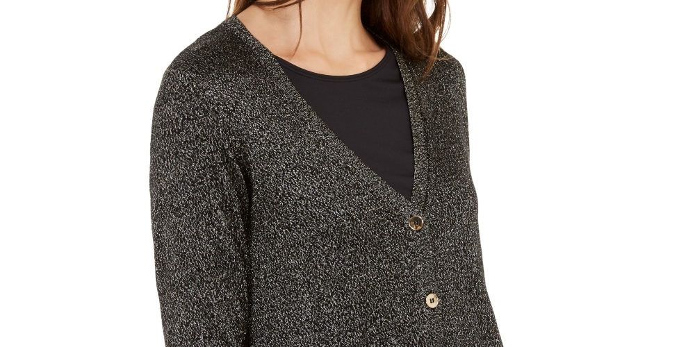 Alfani Women's Metallic Shirttail Cardigan Sweater Black Size Petite Small-Medium