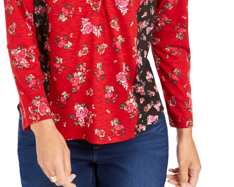 Style & Co Women's Floral Print Button Down Top Red Size Petite Petite