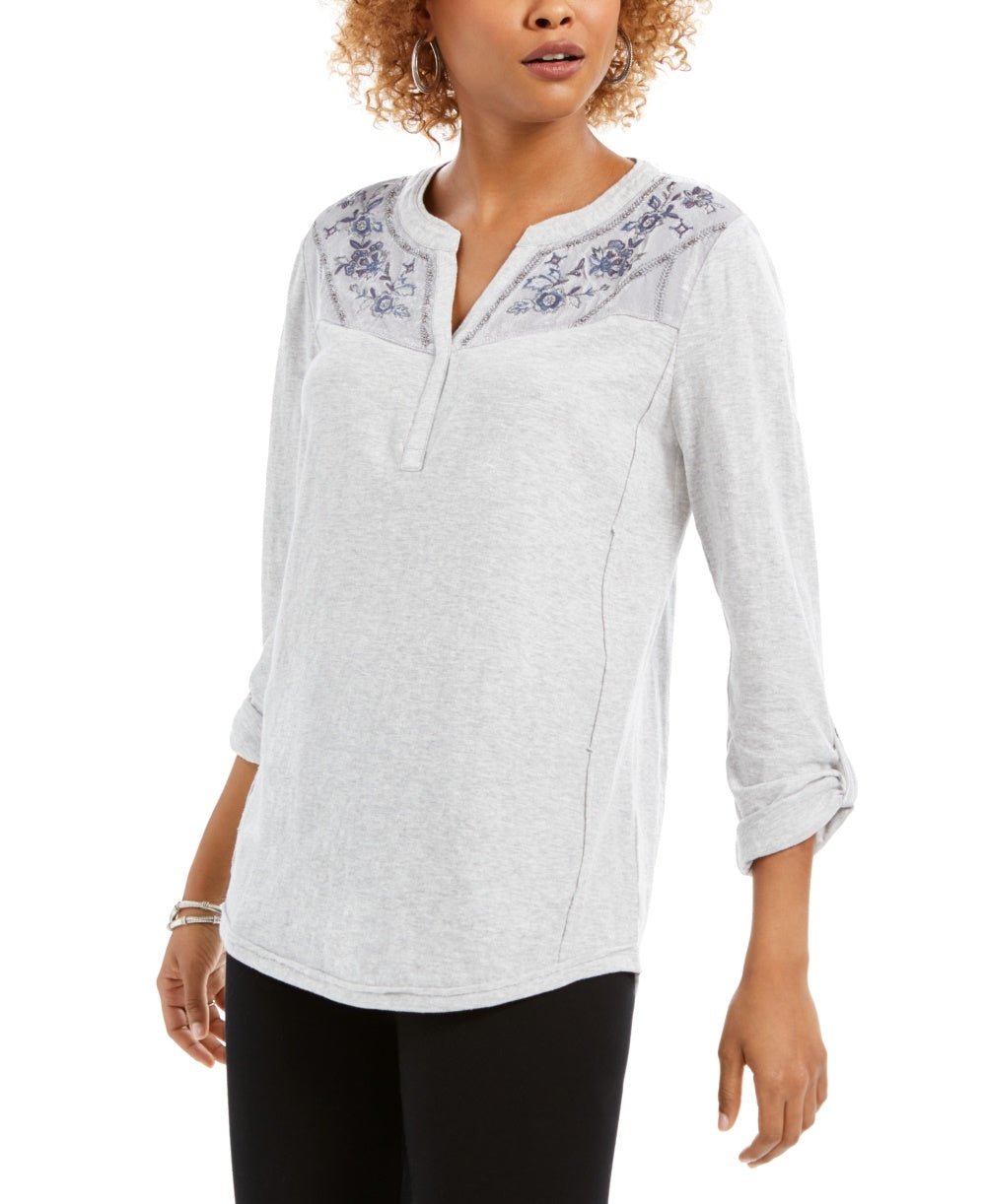 Style & Co Women's Velvet Yoke Embroidered Top Grey Size Petite Large