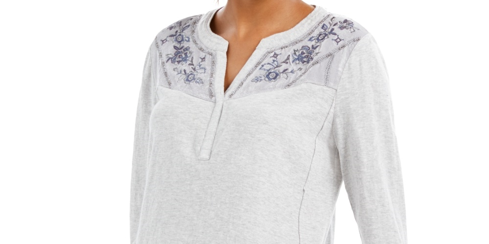 Style & Co Women's Velvet Yoke Embroidered Top Grey Size Petite Large