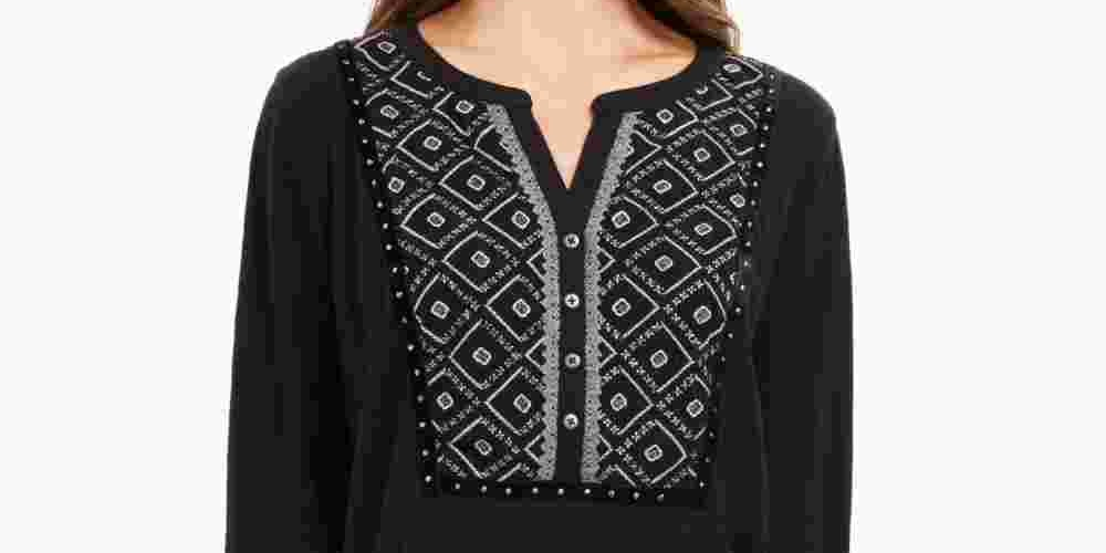 Style & Co Women's Petite Printed Roll-Tab Sleeve Top Black Size Petite Small