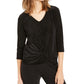 Alfani Women's Pinstripe 3/4 Sleeve V Neck Wrap Top  Black Size Large
