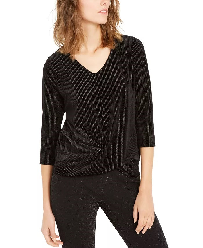 Alfani Women's Metallic-Stripe Twist-Front Top Black Size Small
