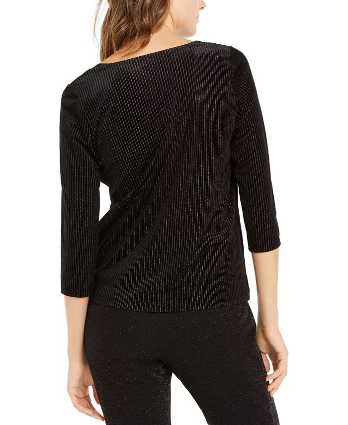 Alfani Women's Metallic-Stripe Twist-Front Top Black Size Small