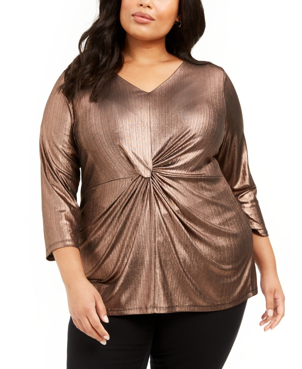 Alfani Women's Plus Size Metallic Twist-Front Top  Brown Size 3X