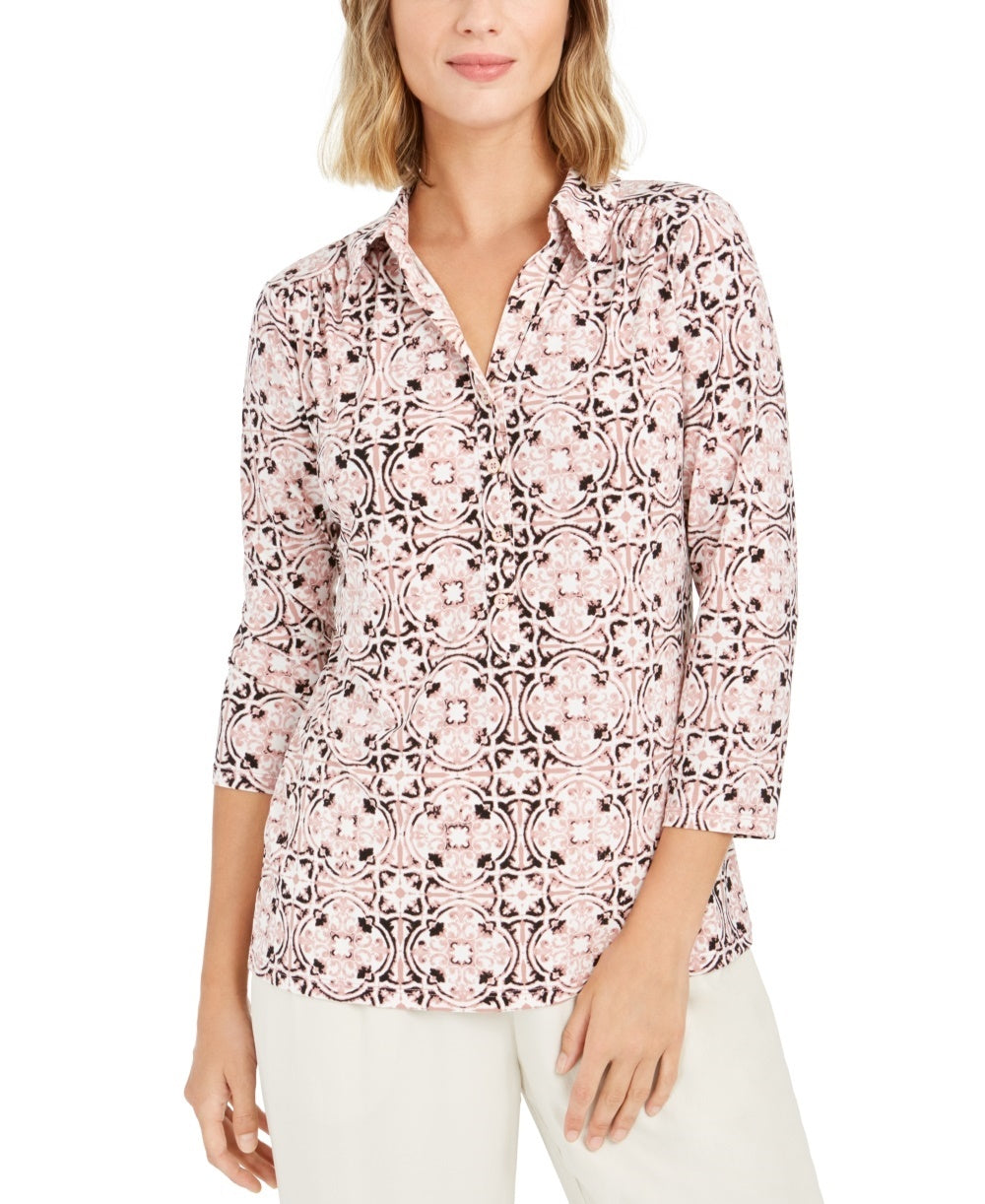 Charter Club Women's 3/4 Sleeve Printed Polo Top  Pink Size X-Large
