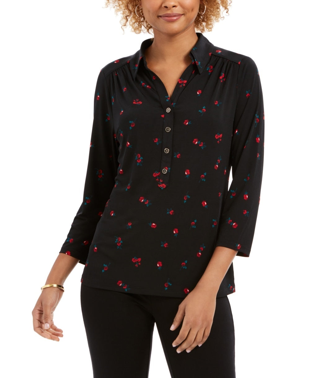 Charter Club Women's 3/4 Sleeve Printed Polo Top  Black Size X-Small