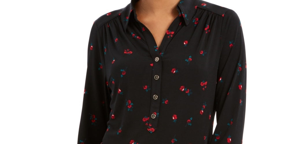 Charter Club Women's 3/4 Sleeve Printed Polo Top  Black Size X-Small
