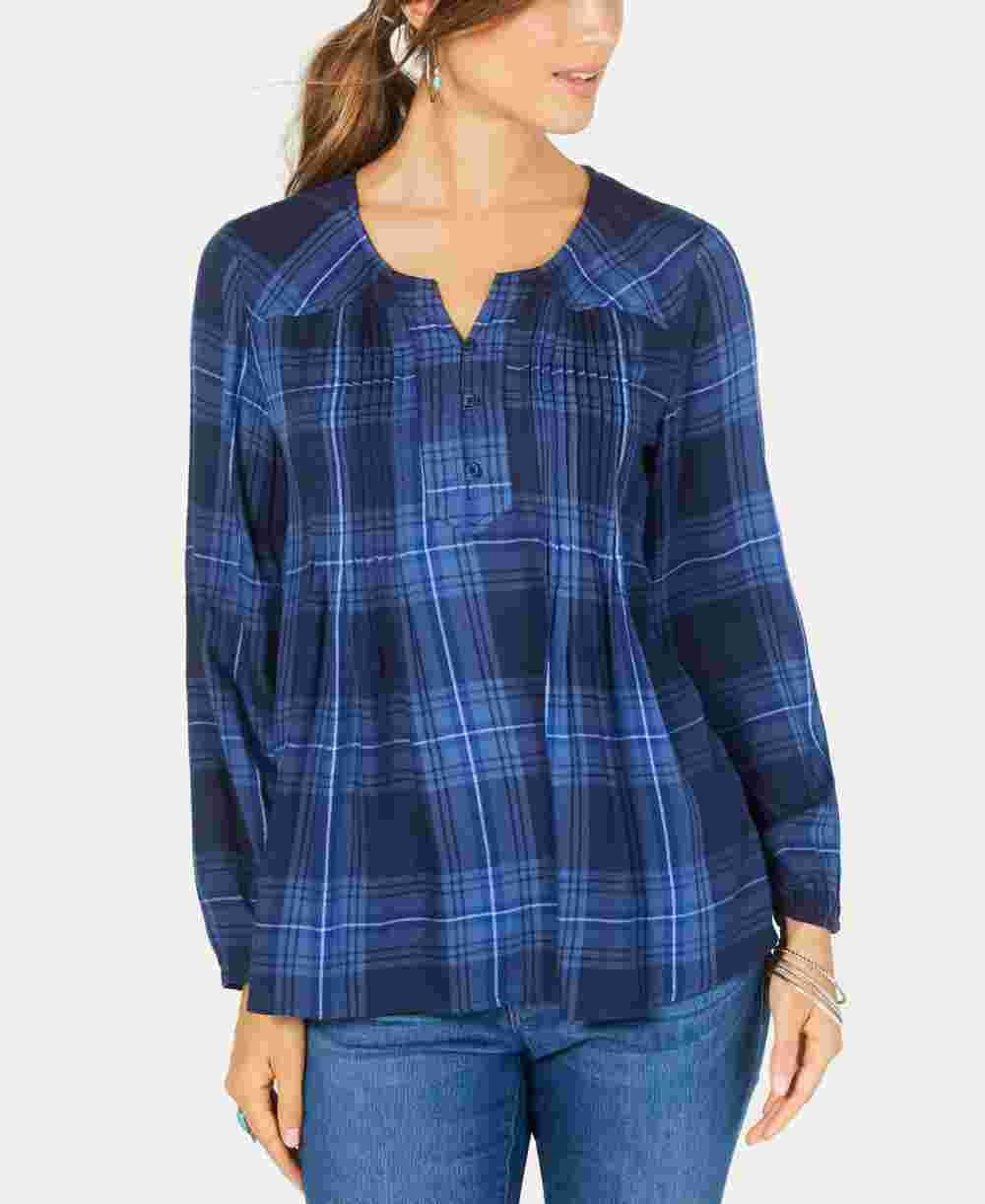 Style & Co Women's Plaid Pleated Top Navy Size Petite Petite