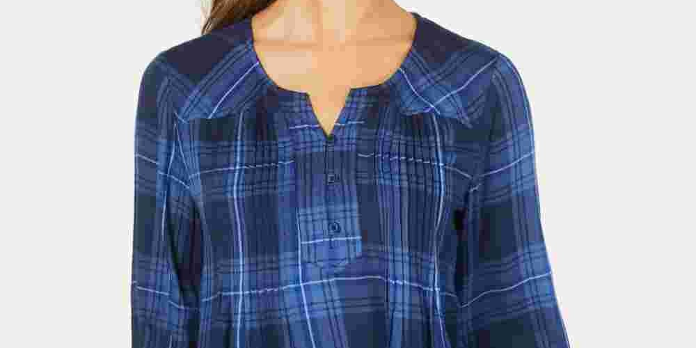 Style & Co Women's Plaid Pleated Top Navy Size Petite Petite