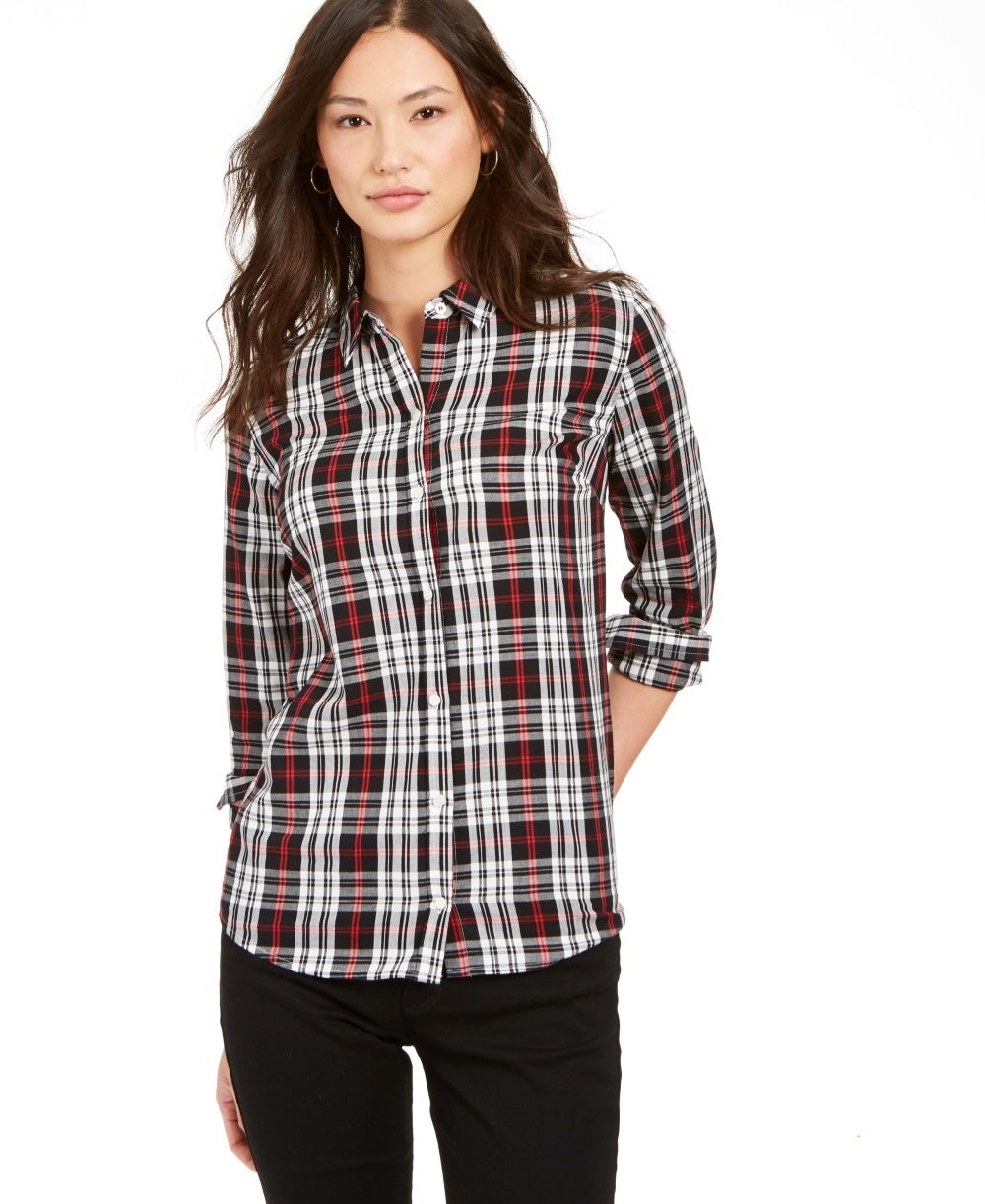 Charter Club Women's Cotton Plaid Shirt Black Size Medium