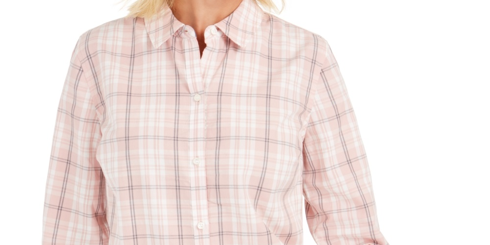 Charter Club Women's Plaid Cotton Button Up Shirt Pink Size Petite Small-Medium