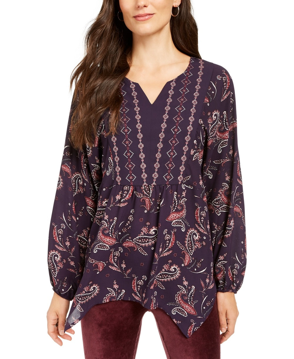Style & Co Women's Printed Handkerchief Hem Peasant Top  Purple Size Medium