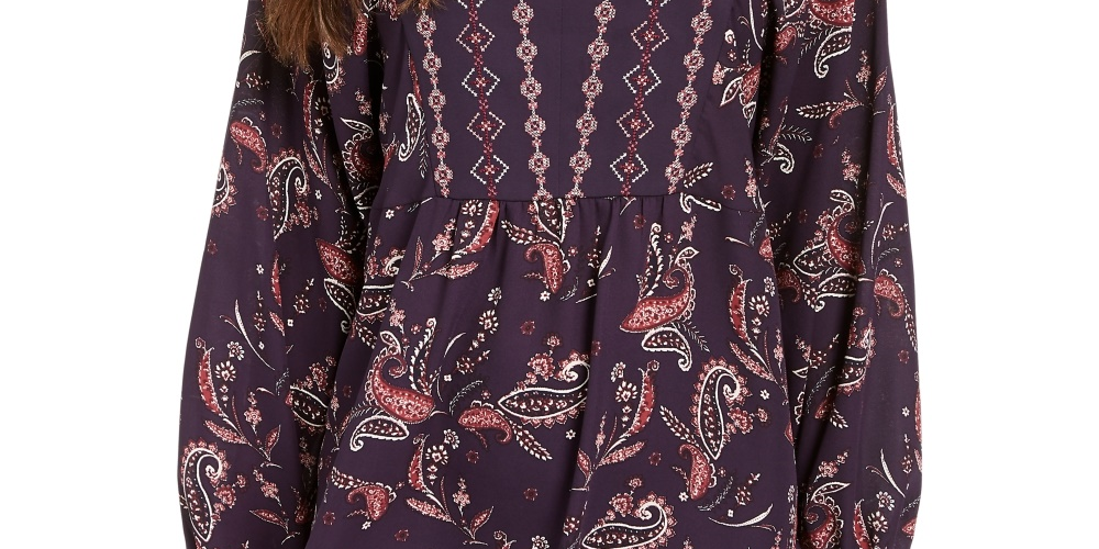 Style & Co Women's Printed Handkerchief Hem Peasant Top  Purple Size Medium
