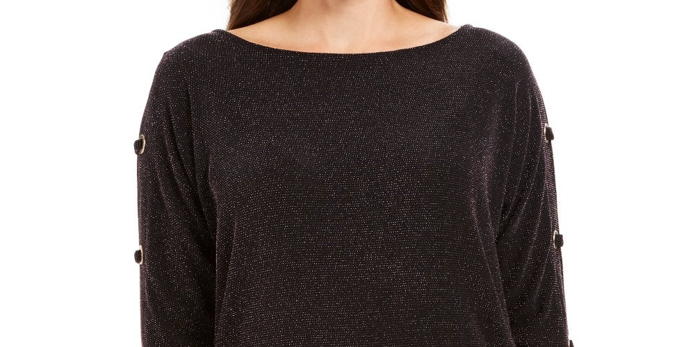 JM Collection Women's Split Sleeve Metallic Threaded Top Black Size Small