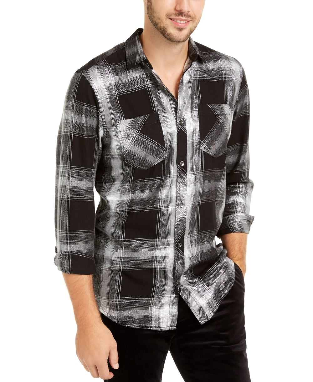 INC International Concepts Men's Metallic Plaid Shirt Grey Size XXX-Large