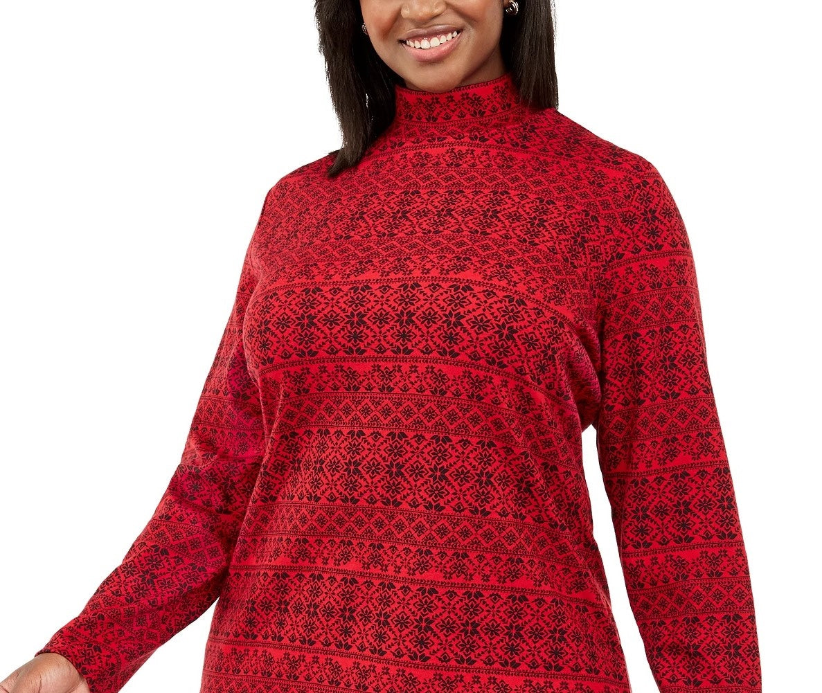 Karen Scott Women's Plus Size Fair Isle Printed Mock-Neck Top Bright Red Size 2X